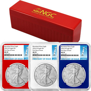 2024 W Burnished Silver American Eagle MS70 Red, White and Blue Core NGC FDI Labels 3pc with Red NGC Storage Box 2024 W Burnished Silver American Eagle MS70 Red, White and Blue Core NGC FDI Labels 3pc with Red NGC Storage Box
