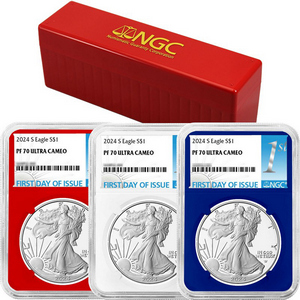 2024 S Silver American Eagle PF70 UC FDI NGC 1st Label Red, White & Blue Core 3pc Set in Red NGC Box 2024 S Silver American Eagle PF70 UC FDI NGC 1st Label Red, White & Blue Core 3pc Set in Red NGC Box
