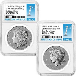 1776-2026 Reverse Proof Morgan and Peace Silver Dollar Set 250th Anniversary Liberty Bell Privy NGC