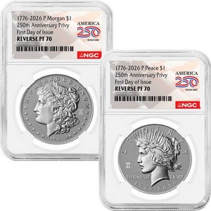 1776-2026 Reverse Proof Morgan and Peace Silver Dollar Set 250th Anniversary Liberty Bell Privy NGC 1776-2026 Reverse Proof Morgan and Peace Silver Dollar Set 250th Anniversary Liberty Bell Privy NGC