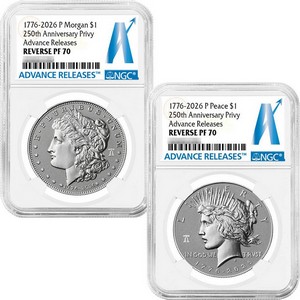1776-2026 Reverse Proof Morgan and Peace Silver Dollar Set 250th Anniversary Liberty Bell Privy NGC 1776-2026 Reverse Proof Morgan and Peace Silver Dollar Set 250th Anniversary Liberty Bell Privy NGC