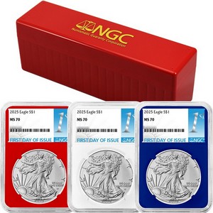 2025 Silver American Eagle MS70 FDI NGC 1st Label Red, White & Blue Core 3pc Set in Red NGC Box