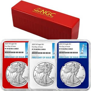 2025 W Silver American PF70 UC FDI NGC 1st Label Red, White & Blue Core 3pc Set in Red NGC Box 2025 W Silver American PF70 UC FDI NGC 1st Label Red, White & Blue Core 3pc Set in Red NGC Box