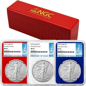 2026 Silver American Eagle MS70 FDI NGC 1st Label Red, White & Blue Core 3pc Set in Red NGC Box