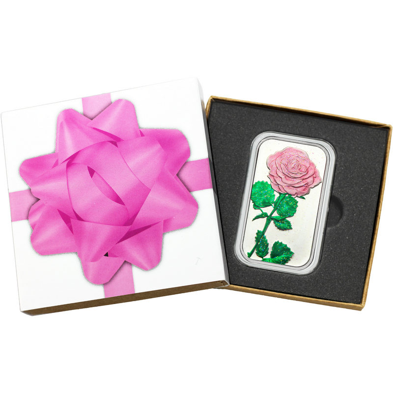 Pink Rose 1 oz .999 Fine Silver Bar Enameled in Gift Box | SilverTowne
