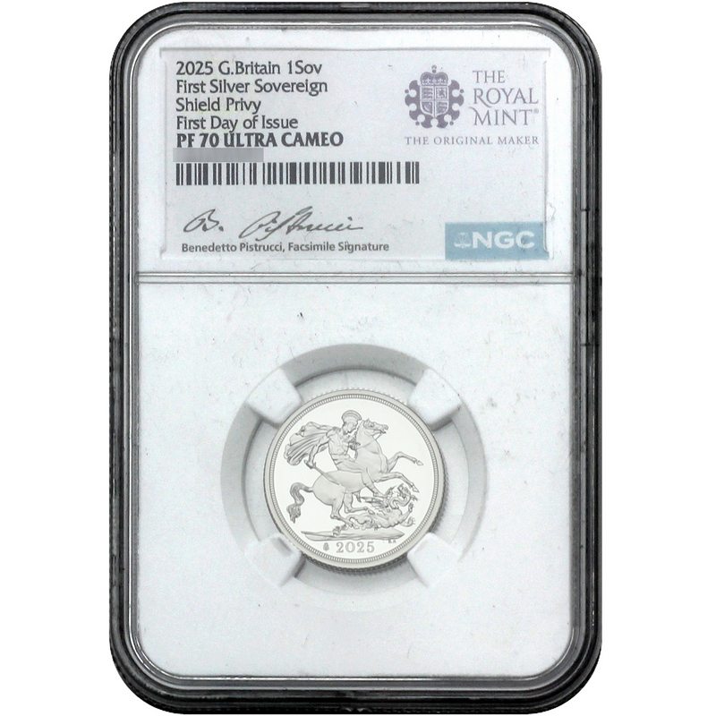 2025 First Silver Sovereign Coin Shield Privy PF70 FDI NGC