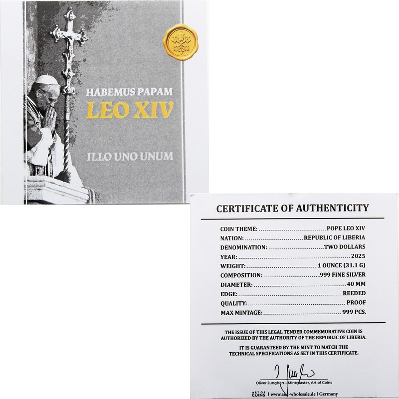 Pope Leo XIV 2025 Silver Liberia 1oz Coin