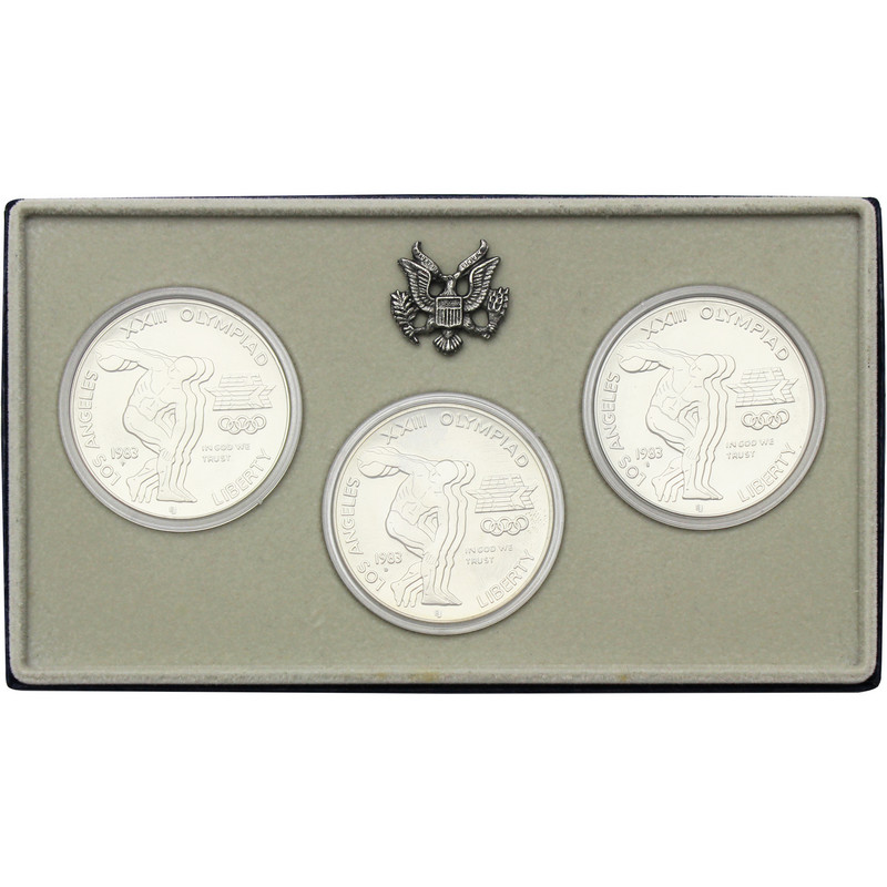 1983PDS Olympic Discus Thrower Silver $ BU 3 Coin Set | SilverTowne