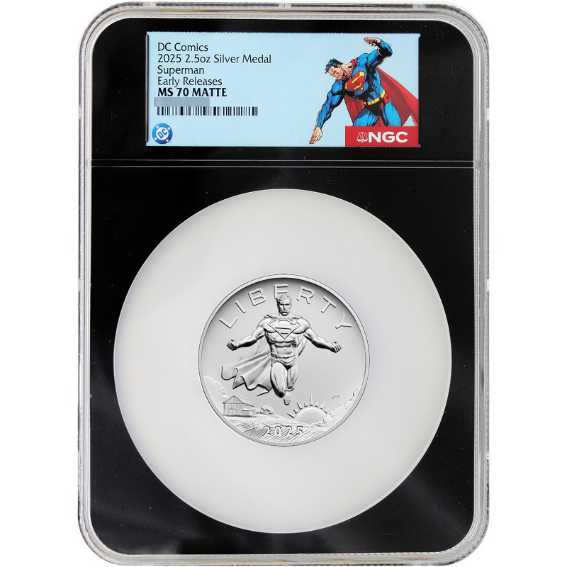 2025 Superman Silver 2.5oz Medal MS70 Matte ER NGC Black Core