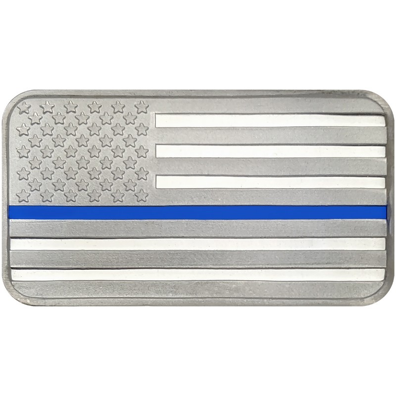 Enameled Blue Line American Flag Silver Bar & Silver American Eagle 2pc Set 