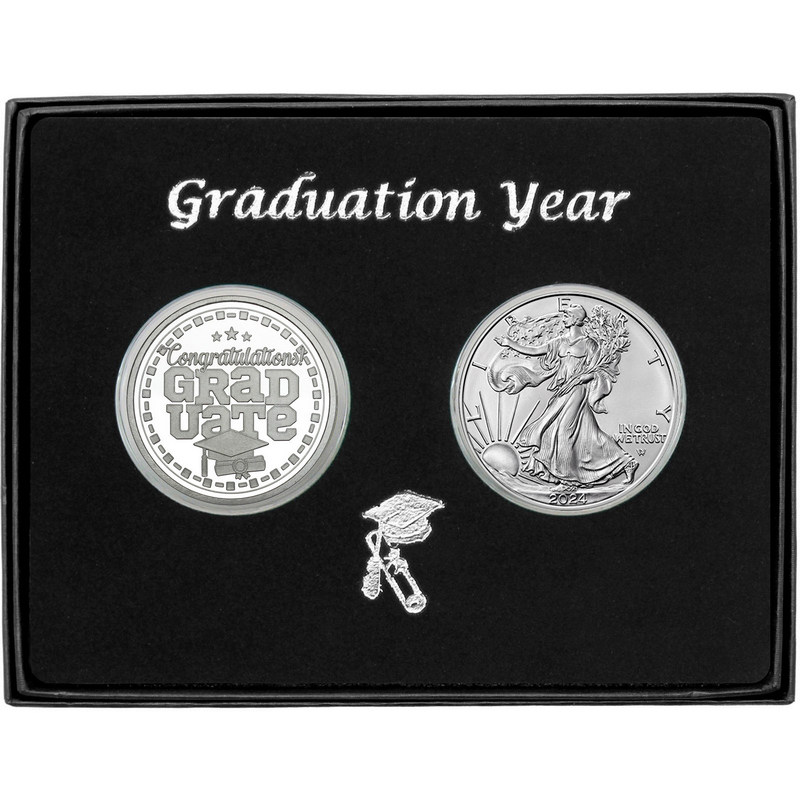 Graduation Year Silver Bar and Silver American Eagle 2pc Box Set 