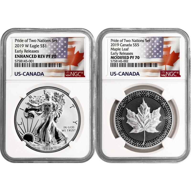 2019 $5 SILVER CANADIAN MODIFIED MAPLE LEAF NGC PF70 PRIDE OF TWO NATIONS