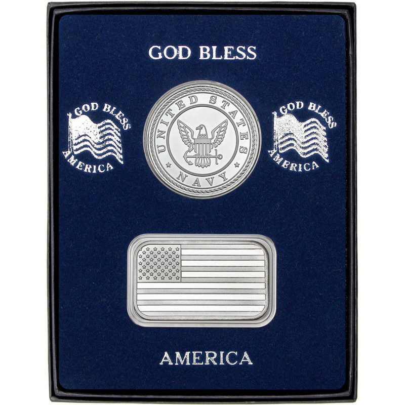 US Navy American Flag Gift Set Silver Bar & Round | SilverTowne