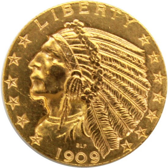 1909 D $5 Gold Indian AU Condition