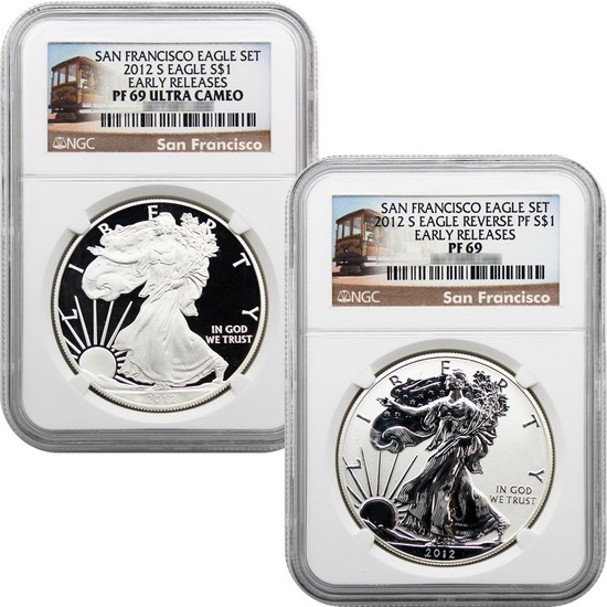 2012 S Silver American Eagle 2pc Proof Set PF69 ER NGC San Francisco Trolley Label