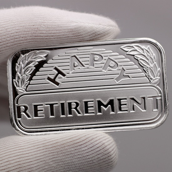 Happy Retirement 1oz .999 Silver Bar Dated 2020 Reflective View Happy Retirement 1oz .999 Silver Bar Dated 2020 Reflective View