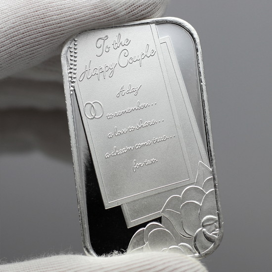 Close Up Reflective View of Wedding To The Happy Couple 1oz .999 Silver Bar Minted by SilverTowne