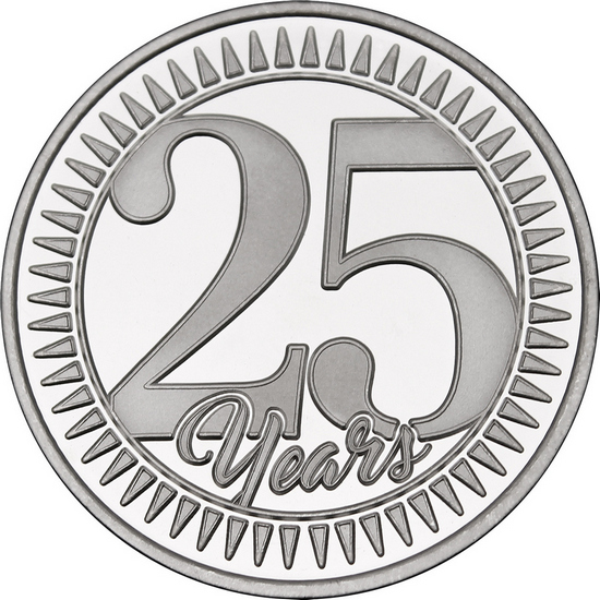 25th Anniversary 1oz .999 Silver Medallion Dated 2025 in Gift Box 25th Anniversary 1oz .999 Silver Medallion Dated 2025 in Gift Box