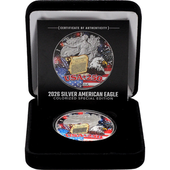 2026 Colorized Special Edition USA 250 Silver American Eagle BU Coin in Box with COA