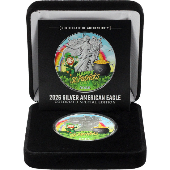 2026 Colorized Special Edition St. Patrick's Day Silver American Eagle BU Coin in Box with COA