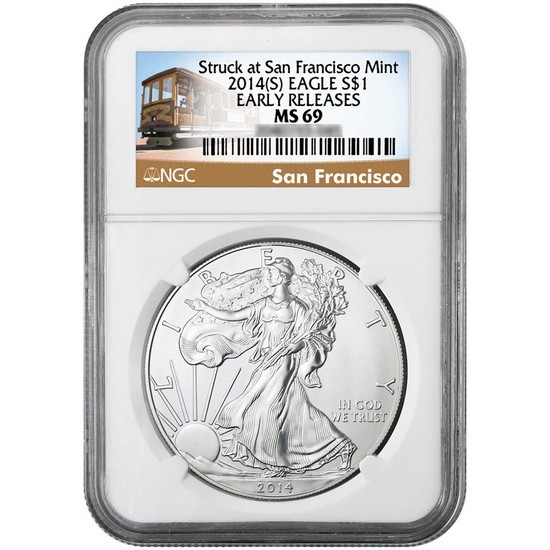 2014 S Silver American Eagle Struck at San Francisco MS69 ER NGC Trolley Label