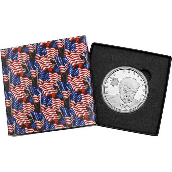 Donald Trump Never Surrender Mugshot Election Interference 1oz .999 Silver Medallion in Gift Box