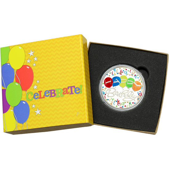 Happy Birthday Balloons 1oz .999 Silver Medallion Enameled Dated 2024 in Gift Box
