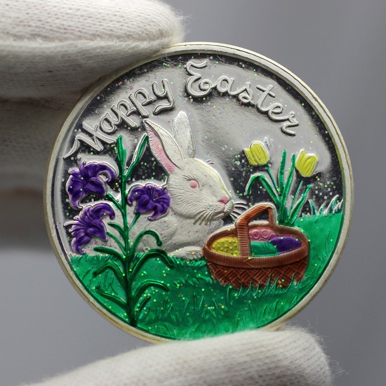 Enameled Easter 1oz Silver Round Hand Photo Showing Reflective Qualities