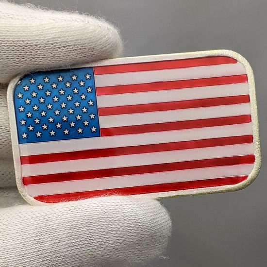 Close Up of Enameled Silver American Flag 1oz Bar