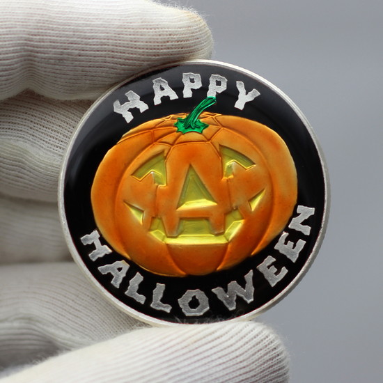 Happy Halloween Pumpkin 1oz .999 Silver Medallion Enameled in Gift Box