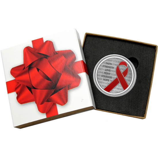 Red Awareness Ribbon 1oz .999 Silver Medallion Enameled in Gift Box
