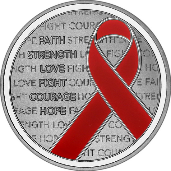 Hand Enameled Red Awareness Ribbon 1oz .999 Silver Medallion Close Up