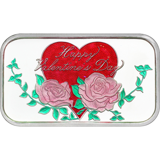 Happy Valentine's Day Roses 1oz .999 Enameled  Silver Bar Enameled Dated 2026 in Gift Box