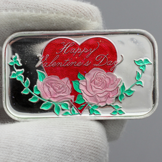 Happy Valentine's Day Roses Hand Enameled 1 oz Silver Bar 2026