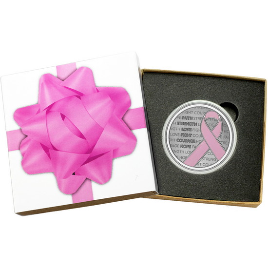Pink Breast Cancer Awareness Ribbon 1oz .999 Silver Medallion Enameled in Gift Box