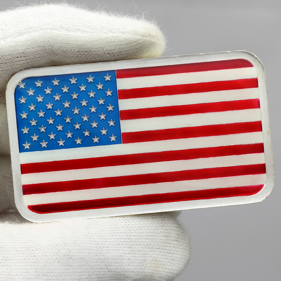 Reflective View Enameled American Flag 5oz .999 Silver Bar