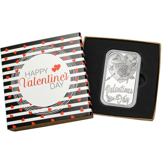 Valentines Day Roses & Cupid's Arrow 1oz .999 Silver Bar Dated 2021 in Gift Box