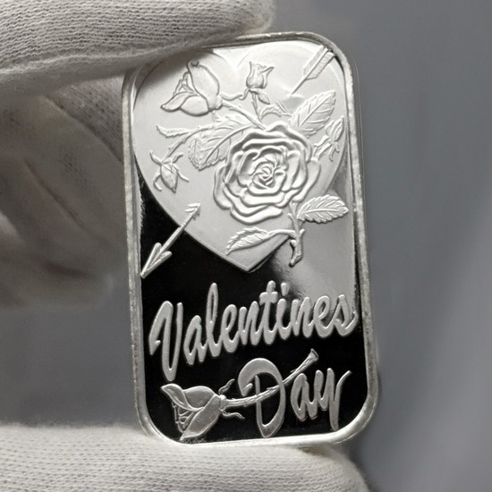 Valentines Day Roses & Cupid's Arrow 1oz .999 Silver Bar Dated 2021 in Gift Box