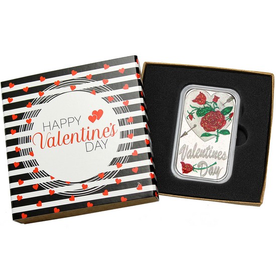Valentines Day Roses & Cupid's Arrow 1oz .999 Silver Bar Enameled in Gift Box