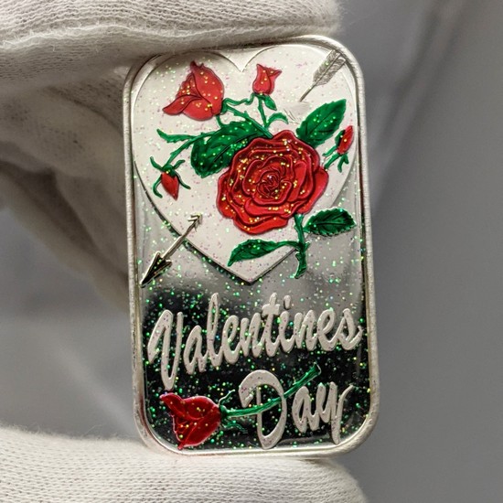 Valentines Day Roses & Cupid's Arrow 1oz .999 Silver Bar Enameled in Gift Box