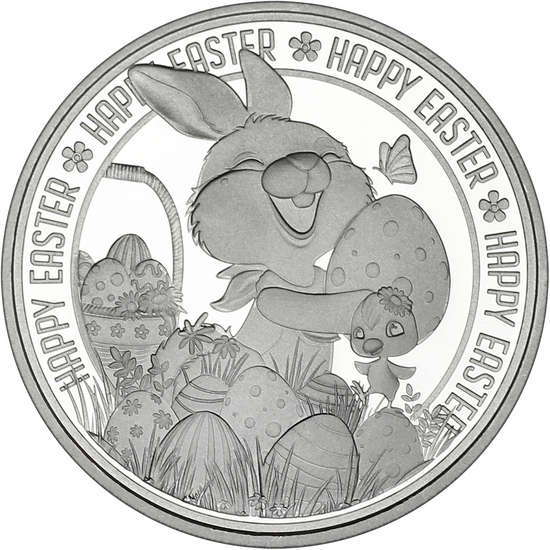 Happy Easter Joyful Bunny & Chick with Easter Basket 1oz .999 Silver Medallion Dated 2023 in Gift Box