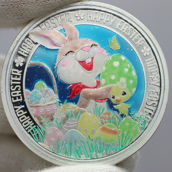 Happy Easter Joyful Bunny & Chick 1oz .999 Silver Medallion Enameled Dated 2023 in Gift Box
