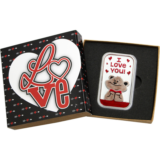Hand Enameled I Love You Daydreaming Teddy Bear 1oz .999 Silver Bar in Gift Packaging