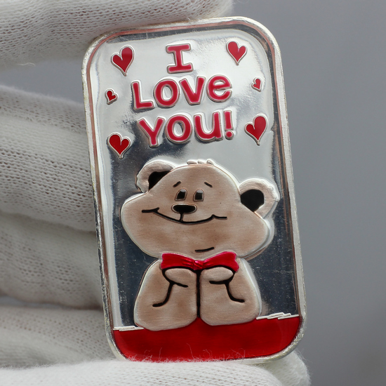 Hand Enameled Close Up Reflective View of I Love You Daydreaming Teddy Bear Silver Bar Minted by SilverTowne