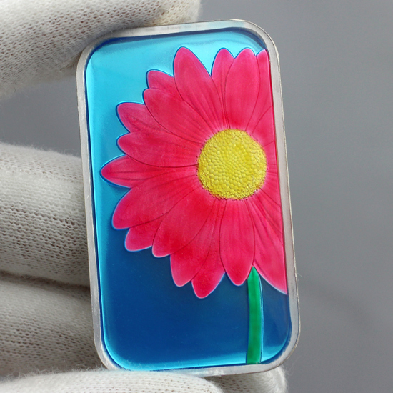 Pink Daisy 1oz .999 Silver Bar Enameled in Gift Box