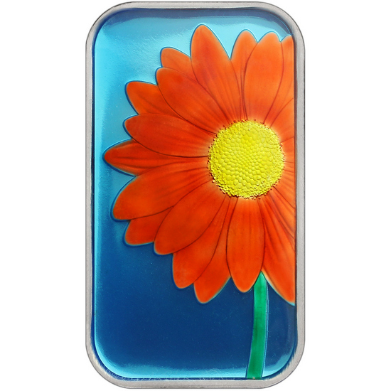 Orange Daisy 1oz .999 Silver Bar Enameled in Gift Box Orange Daisy 1oz .999 Silver Bar Enameled in Gift Box