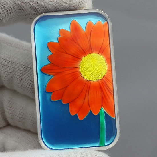 Orange Daisy 1oz .999 Silver Bar Enameled in Gift Box