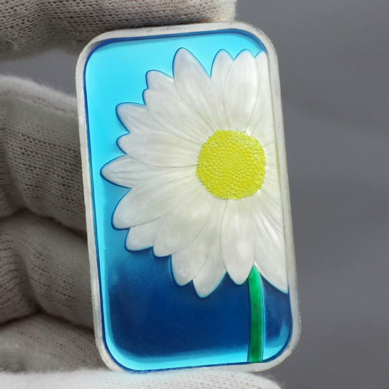 White Daisy 1oz .999 Silver Bar Enameled in Gift Box