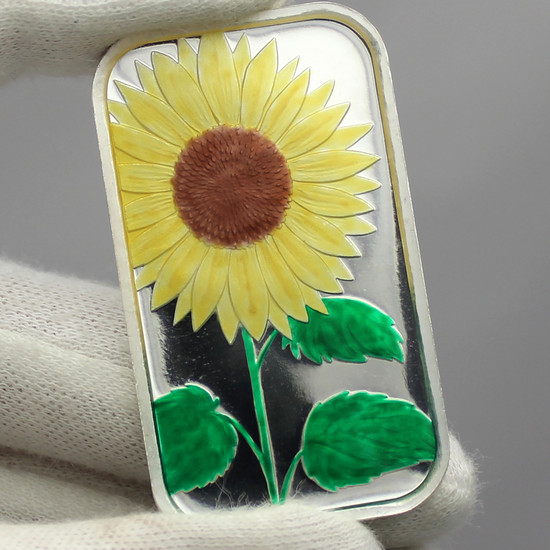 Close Up of Hand-Enameled Sunflower 1oz .999 Silver Bar