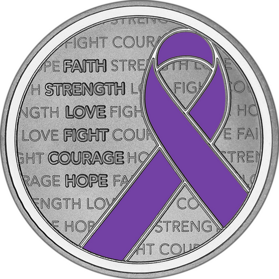 Purple Awareness Ribbon 1oz .999 Silver Medallion Enameled in Gift Box Purple Awareness Ribbon 1oz .999 Silver Medallion Enameled in Gift Box